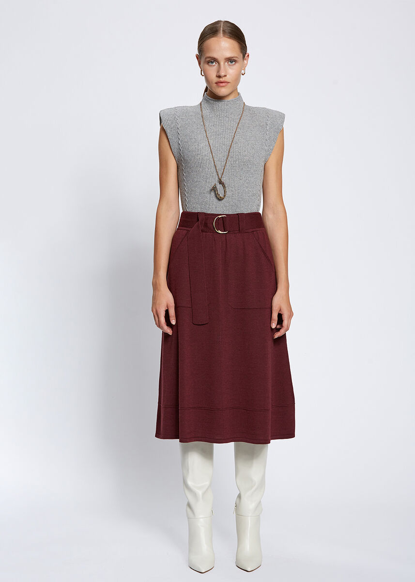 Belt Detailed Merino Wool Wine Knit Skirt