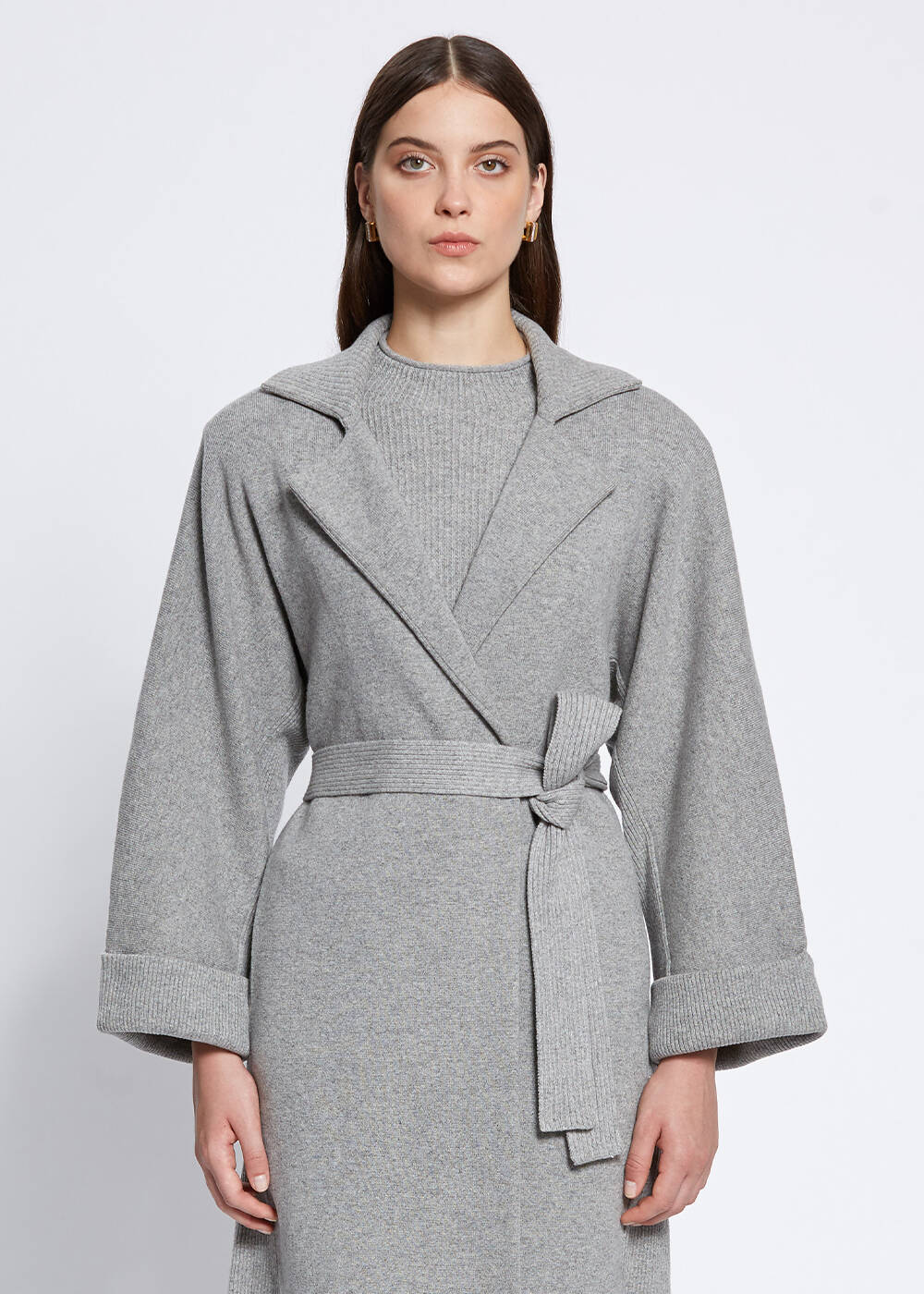 Oversize Self Belted Cashmere Grey Knit Coat Knitss