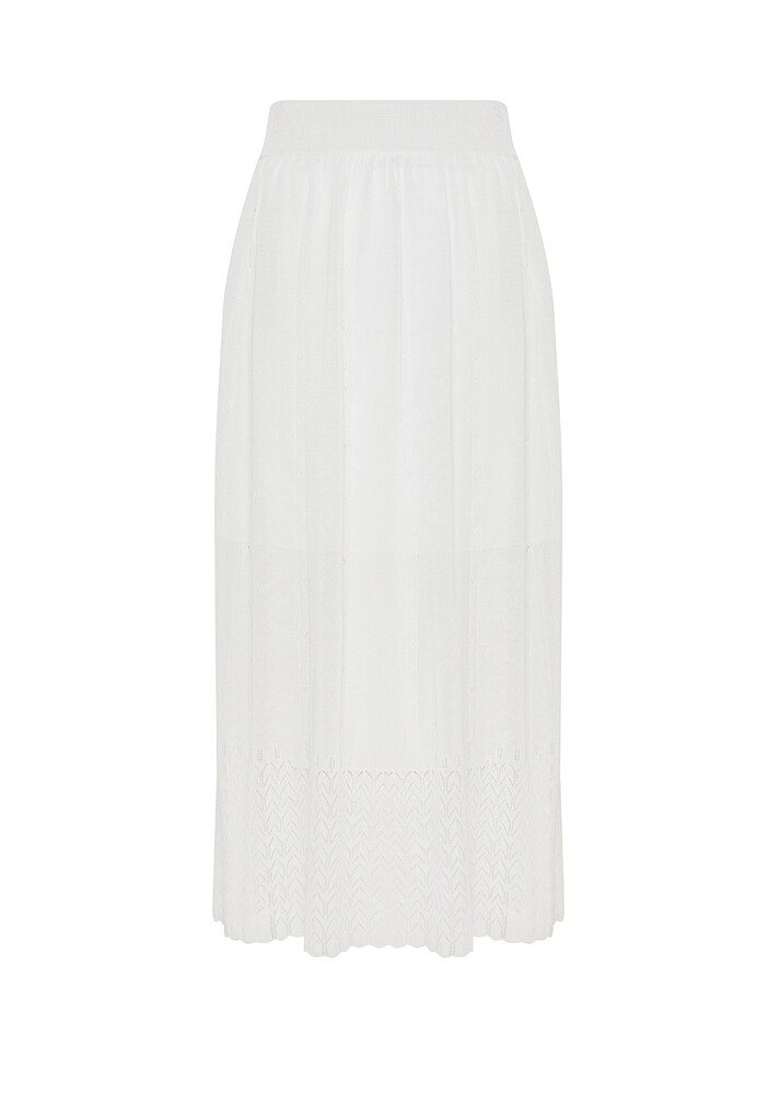 Structured Pointelle White Midi Knit Skirt | KNITSS